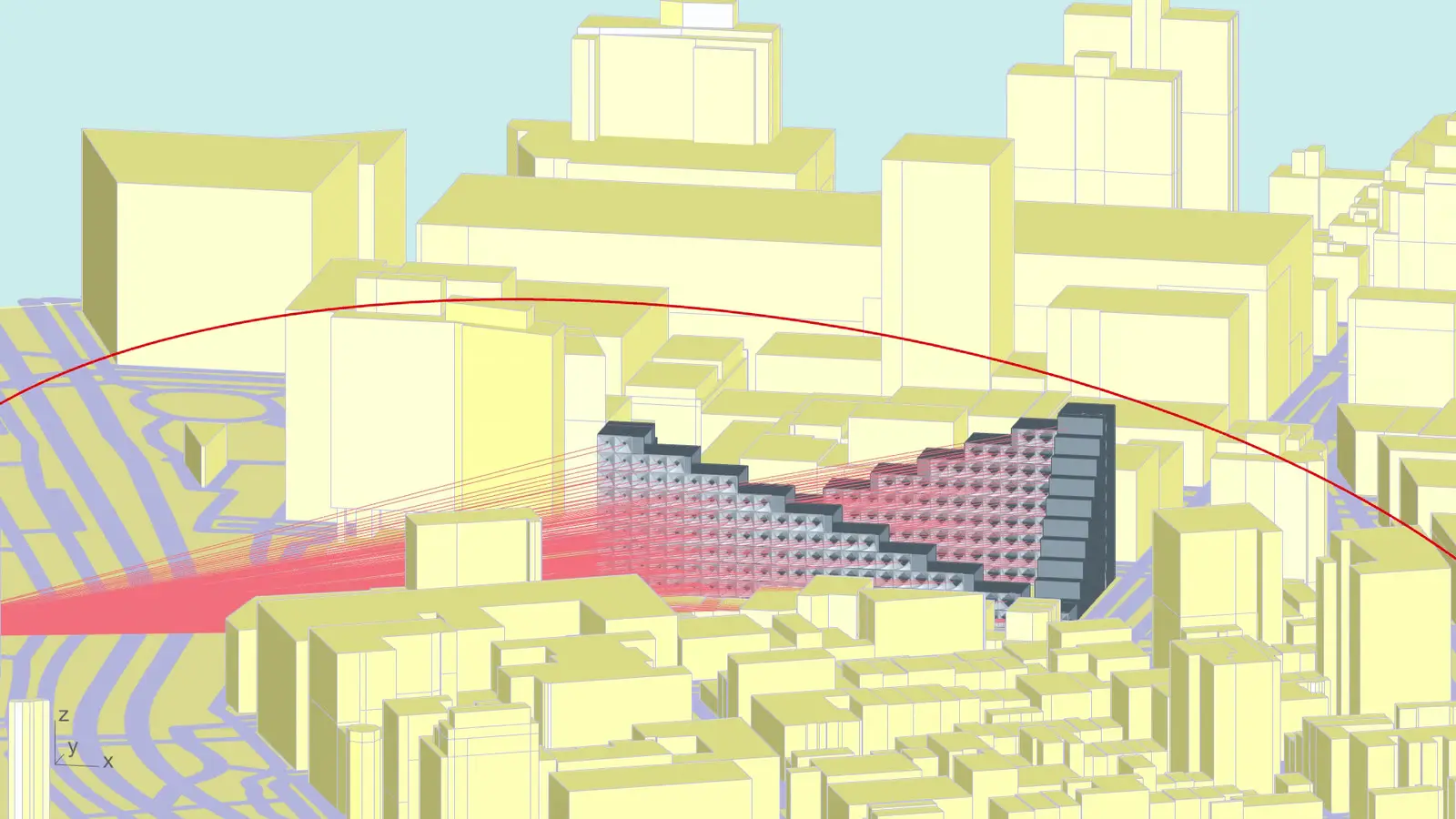 Radiation angle computed for every panel as the sun moves. Scroll or drag.