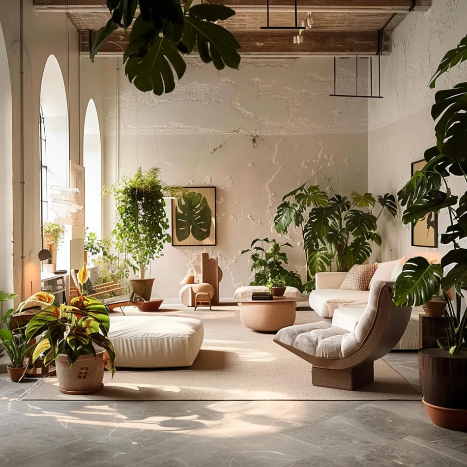 Midjourney concept of a sunlit living room with arched windows, plaster walls and plants