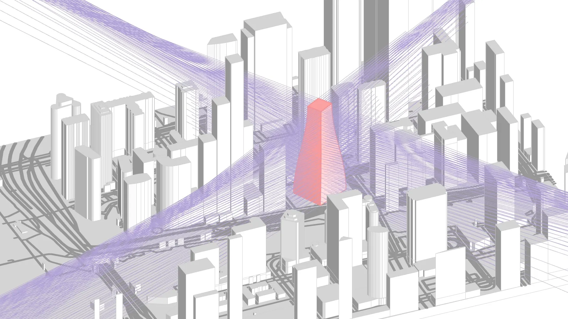 View rays from the optimised tower to landmarks