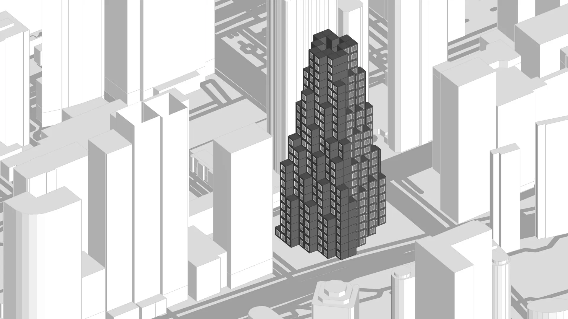 Voxelised tower in context